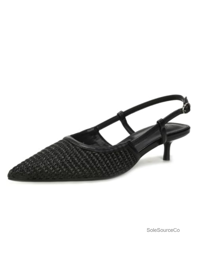 Woven Pointed Toe Kitten Heel Pumps Slingback Adjustable Buckle Strap